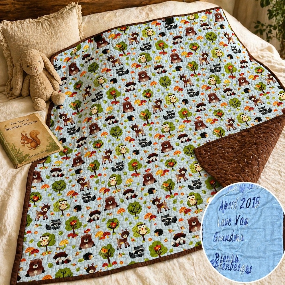Handmade Woodland Baby Quilt 36x36 Personalized Grandma Gift Nursery Animals